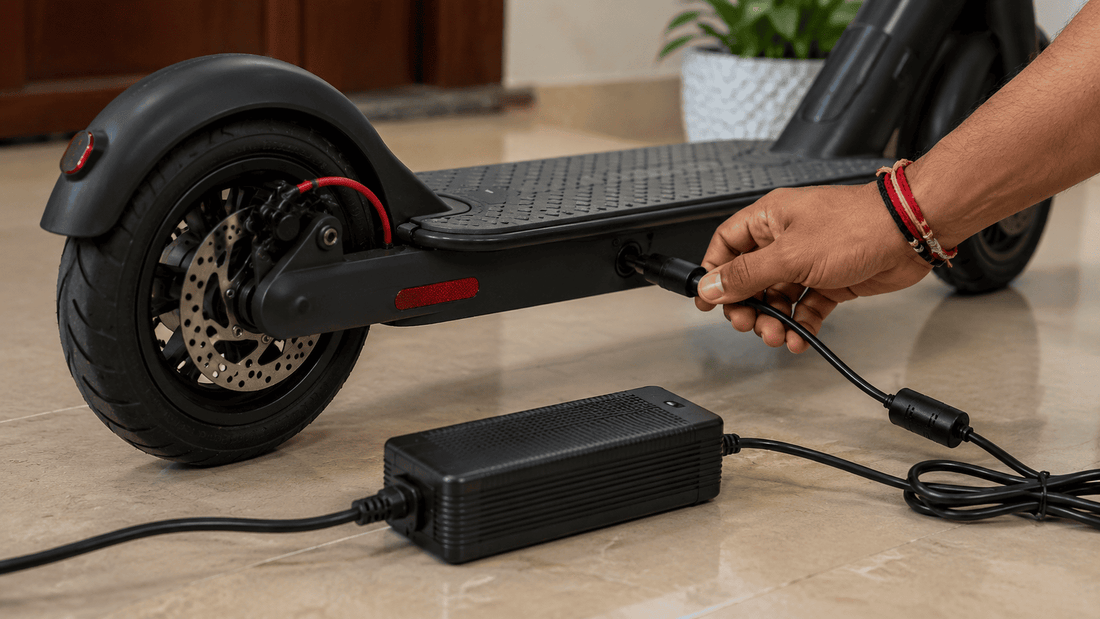 Indian user connecting a charger to an electric scooter for safe battery charging