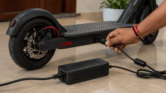 Indian user connecting a charger to an electric scooter for safe battery charging