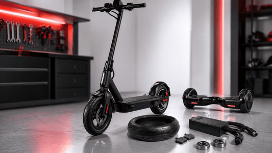 Black electric scooter and hoverboard with tyre, charger, brake pads, and bearings in a modern workshop, representing genuine vs local spare parts in India.