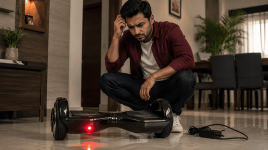 Indian man troubleshooting a hoverboard with a red warning light and charger nearby