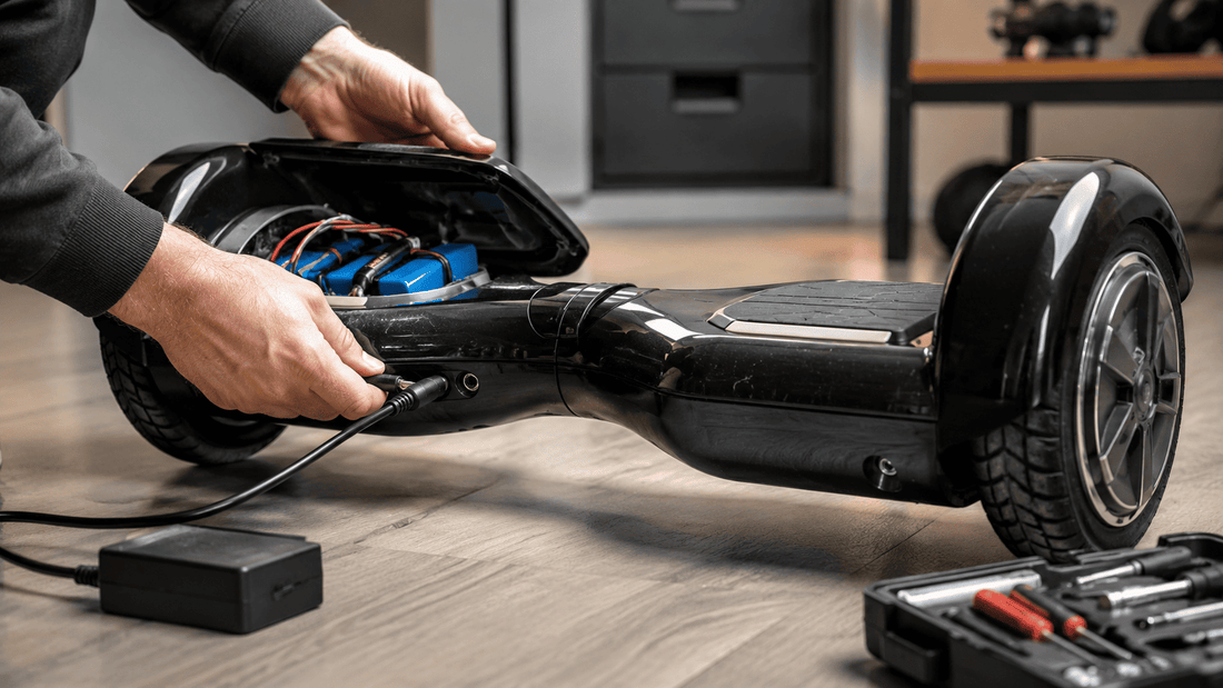 Technician inspecting the charger, charging port and battery of a hoverboard that is not charging.