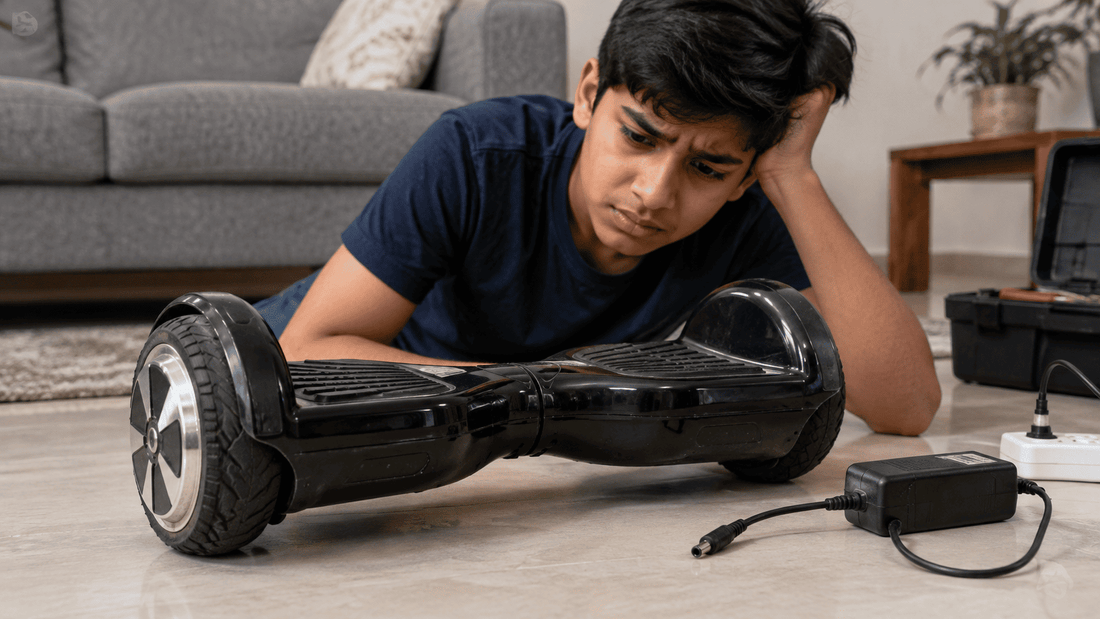 Young hoverboard owner troubleshooting a black hoverboard that will not turn on, with charger and repair tools nearby.