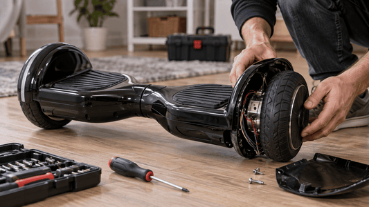Technician inspecting a hoverboard wheel with exposed motor wiring and internal components for a one-wheel-not-working problem.
