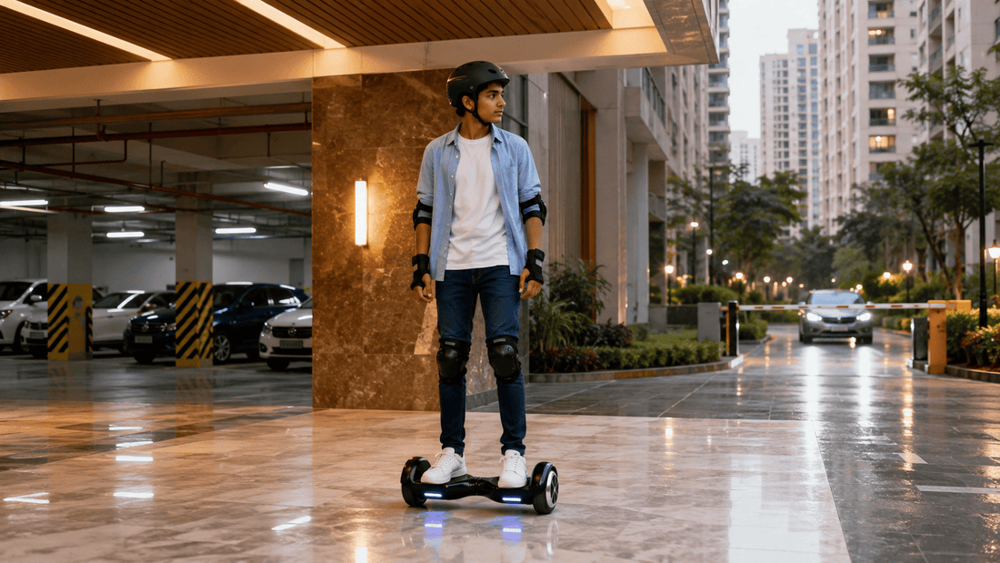 Young Indian rider wearing safety gear using a hoverboard on marble flooring near an apartment parking basement and society road.