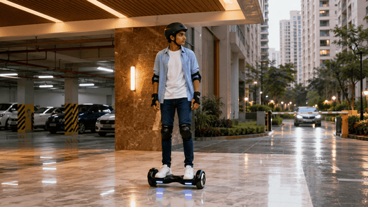 Young Indian rider wearing safety gear using a hoverboard on marble flooring near an apartment parking basement and society road.