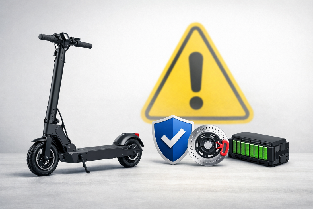 Foldable electric scooter on a clean background with a caution icon, representing low-speed non-RTO buying checks