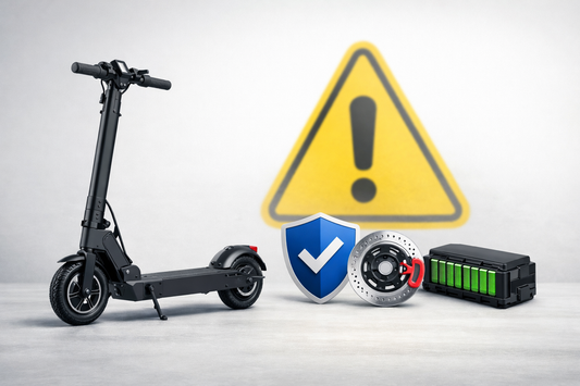 Foldable electric scooter on a clean background with a caution icon, representing low-speed non-RTO buying checks