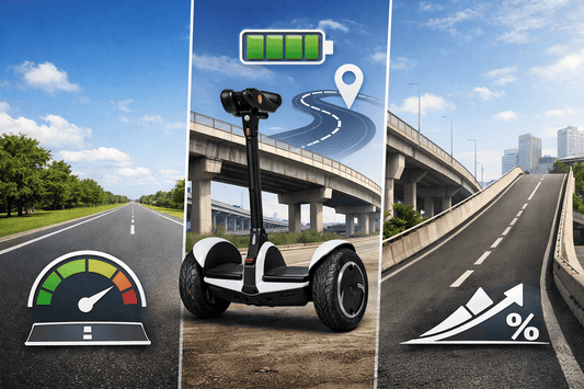 Realistic electric scooter feature image showing flat road, flyover, and ramp route conditions with battery, speed, and incline icons