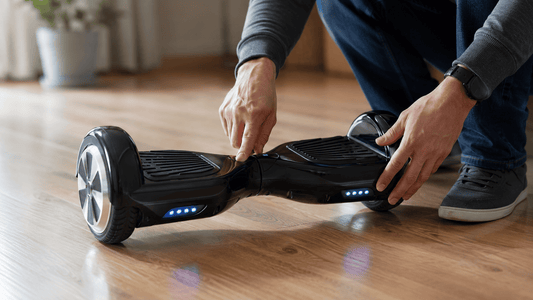 Person calibrating a black hoverboard on a flat wooden floor to correct balancing issues.