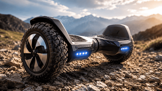 All-terrain off-road hoverboard with rugged tyres on a rocky outdoor trail