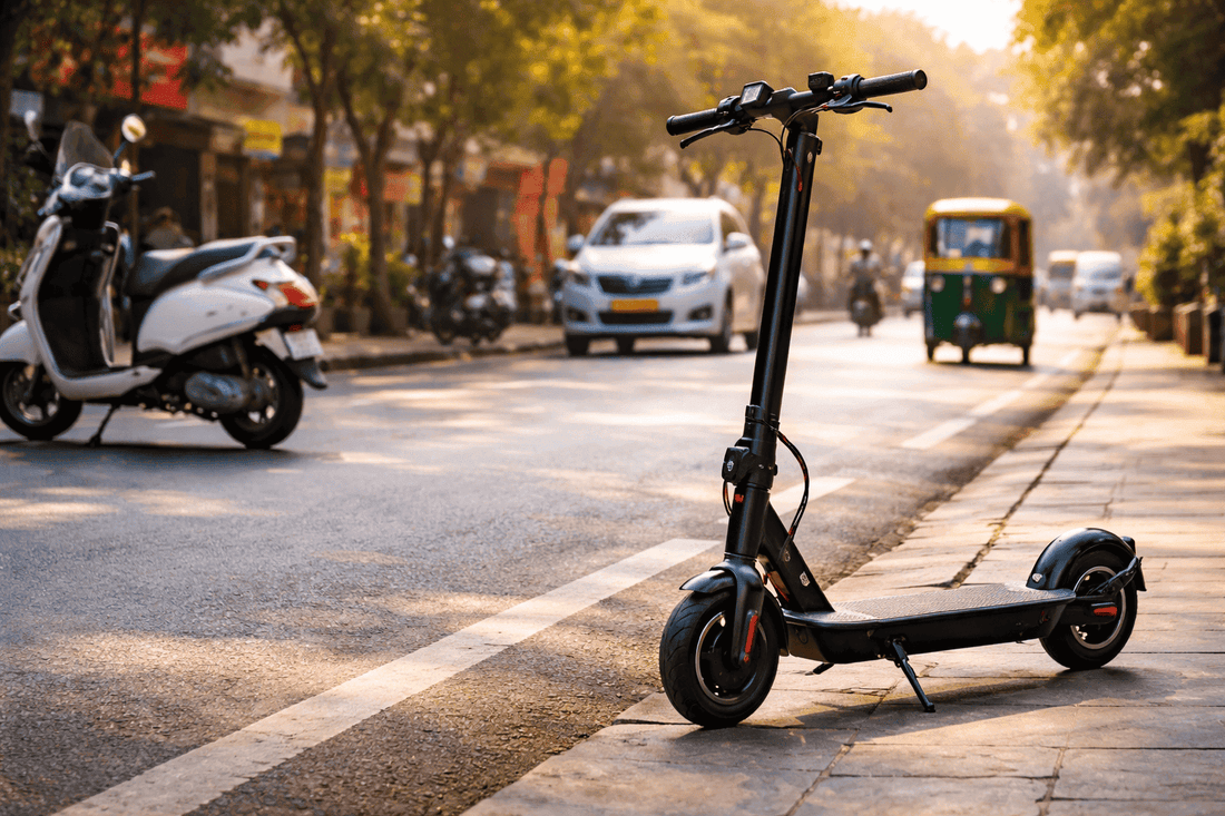 Foldable electric scooter on an Indian road with a petrol scooter and auto-rickshaw behind.