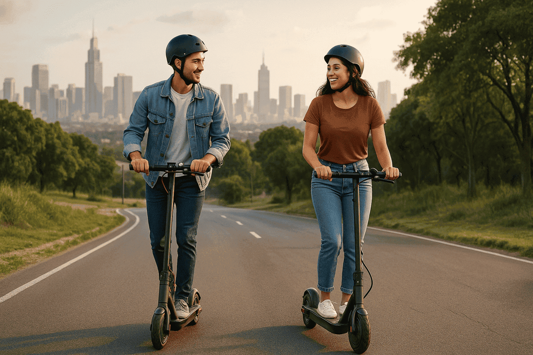Couple riding electric scooters on a smooth road near a city, representing weekend e-scooter ride spots in India.