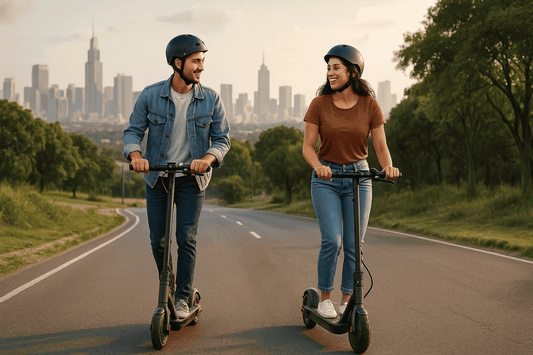 Couple riding electric scooters on a smooth road near a city, representing weekend e-scooter ride spots in India.